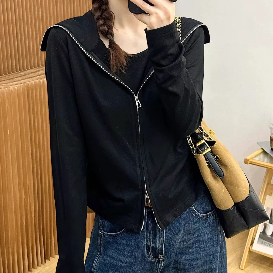 新款 简约海军领长袖t恤女秋季设计感小众翻领双拉链上衣