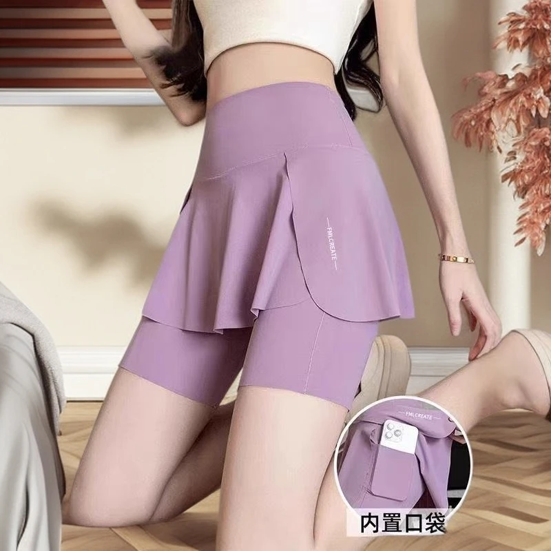 A#161五分运动裙裤女假两件防走光瑜伽裙裤跑步健身百褶鲨鱼裤