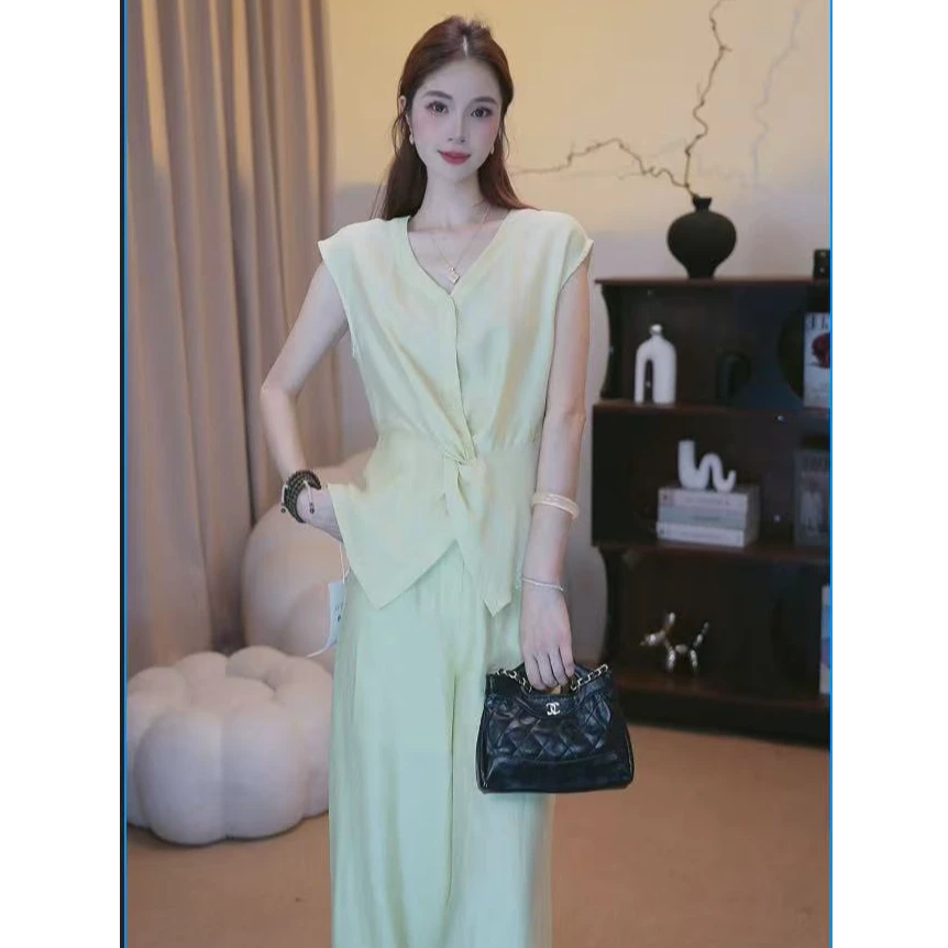 【林林】韩系高级感气质V领上衣+阔腿裤穿搭套装