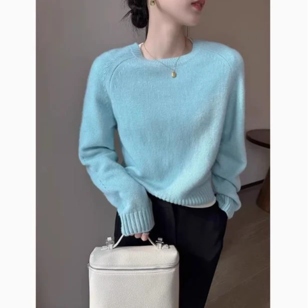 PINKEEN灰色高级感圆领长袖针织衫女秋季2024新简约气质套头毛衣