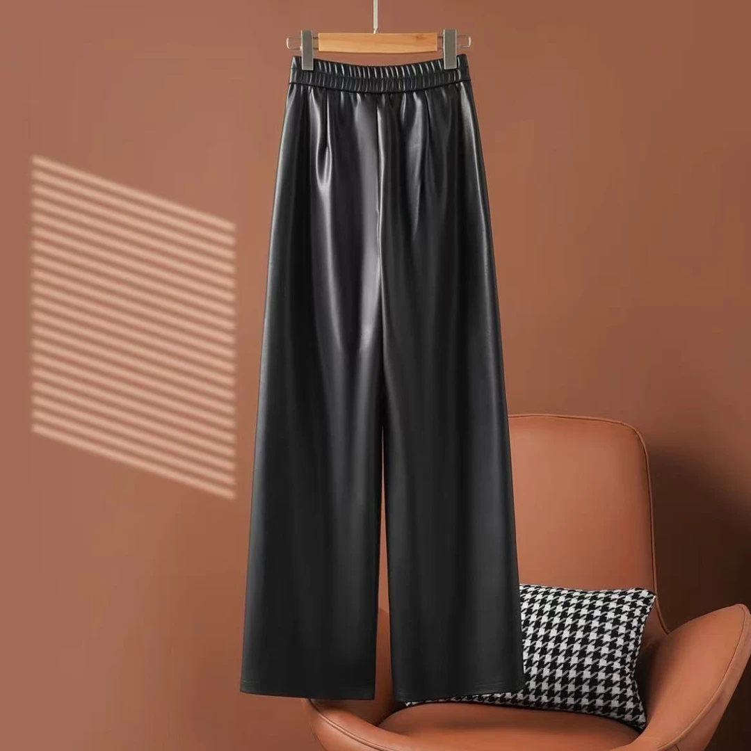 海宁女装皮裤时尚长裤百搭拱针秋冬新款海宁直筒裤