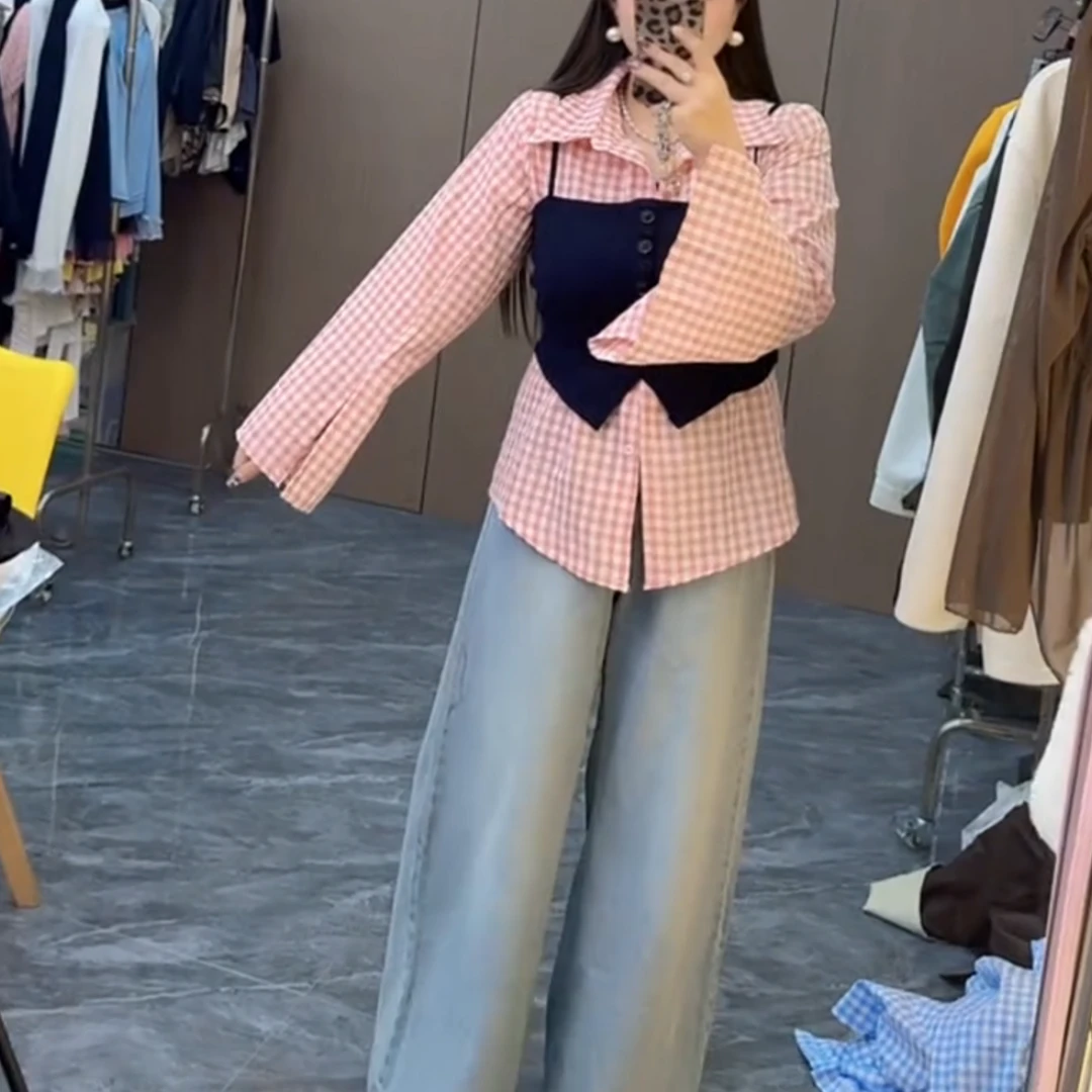 韩系大码显瘦穿搭减龄复古格子衬衫女叠穿短款小吊带2025初春新款