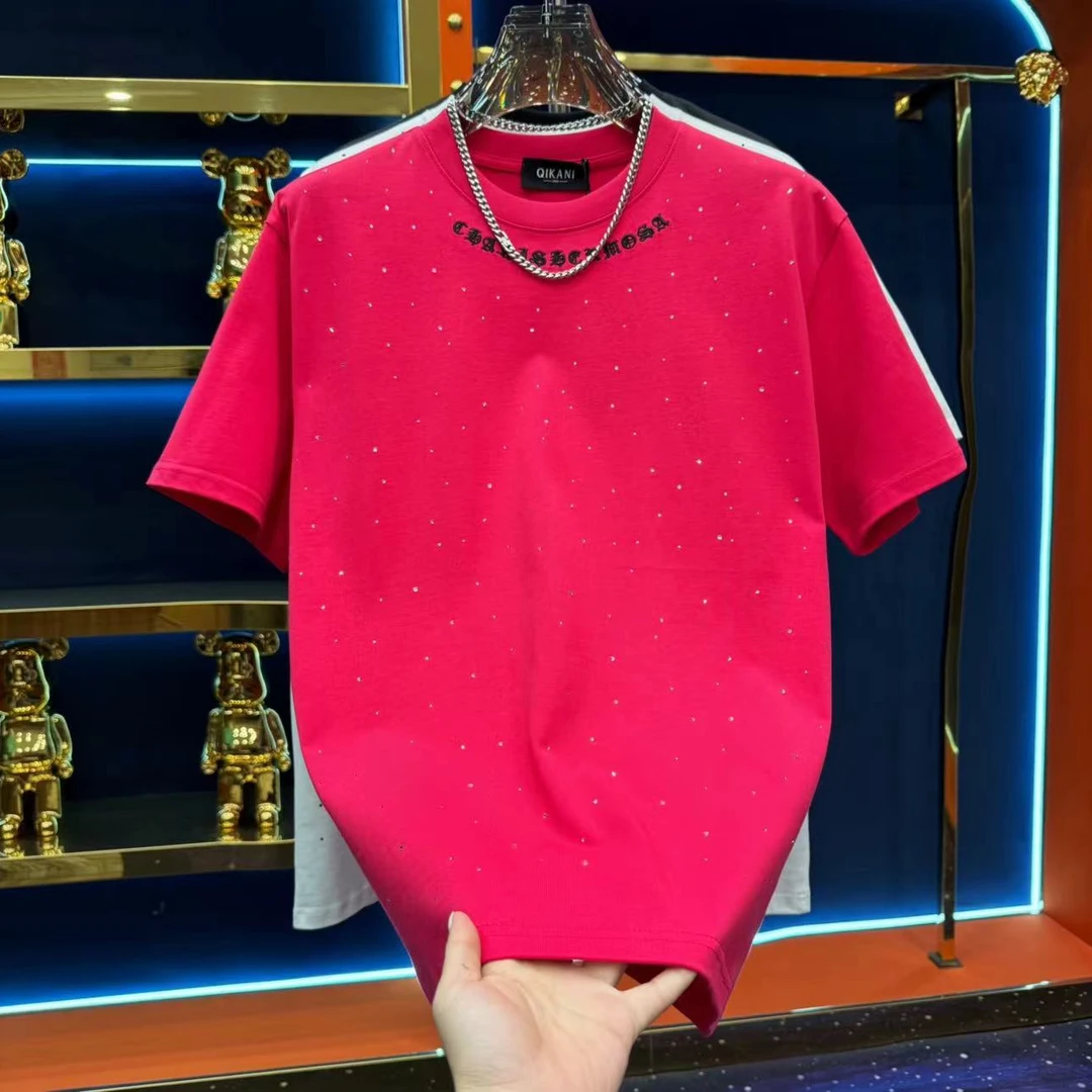 新款男士轻奢百搭刺绣烫钻设计款时尚满天星高品质男款圆领小衫