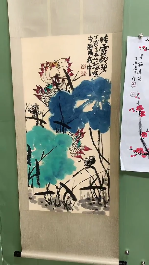 竖款精品三尺荷花卷轴，