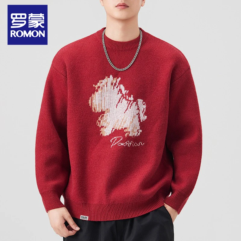 罗蒙马年冬季新款红色毛衣男士宽松圆领舒适保暖百搭休闲针织衫