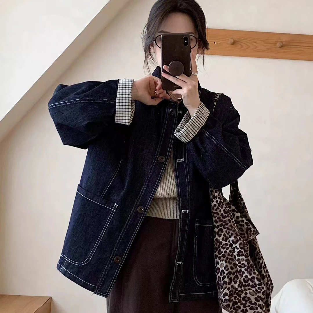 韩系复古明线口袋宽松慵懒风牛仔外套休闲显瘦百搭夹克上衣女秋