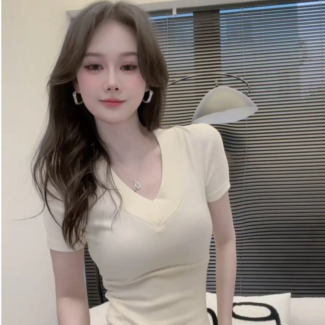 【DXJ家定制】夏季新款纯欲辣妹V领前后弧形下摆短袖A038