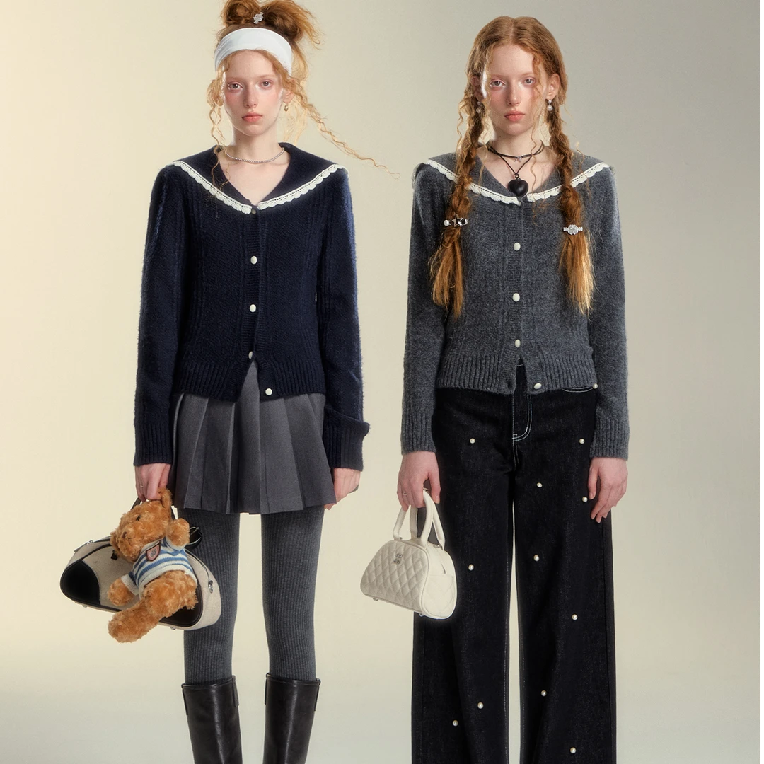 SOMESOWE【官方专属】海军领花边针织开衫