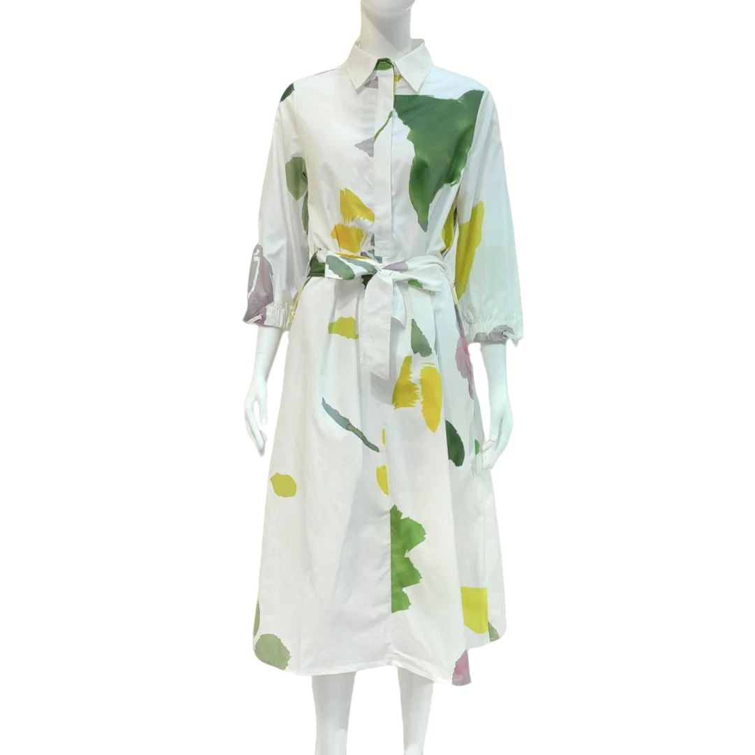 BY 0143清新水彩印花半开襟衬衫领连衣裙