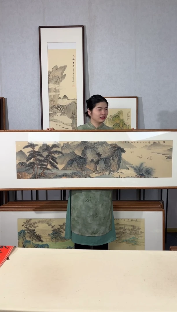 国画手绘*烟江帆影*52*172cm带框发货