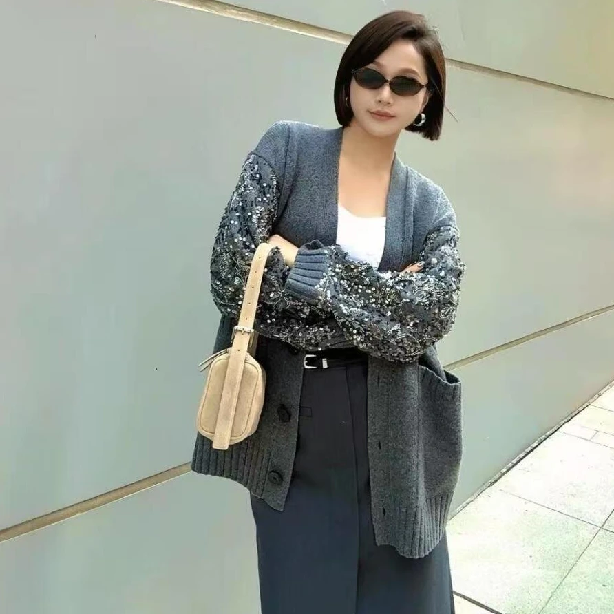 M227新款韩版重工叠绣珠片潮流时尚百搭开衫227