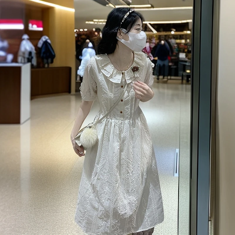 高腰双层领提花甜美娃娃领连衣裙小清新显瘦泡泡袖裙子小个子