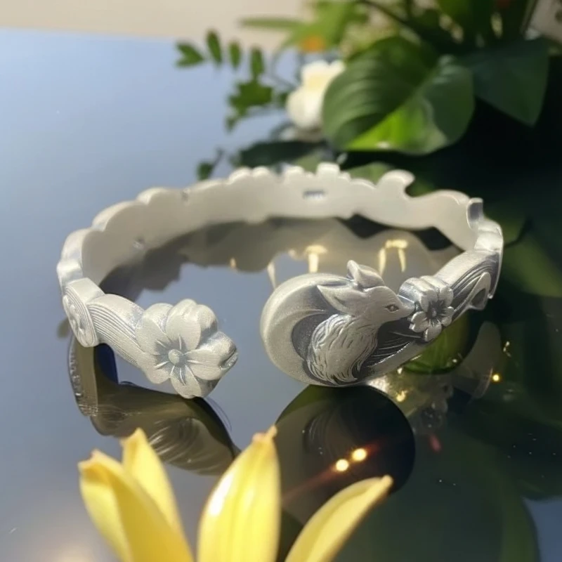 足银手镯 美人狐桃花磨砂足银手镯时尚镯子纯手工古风复古银制品