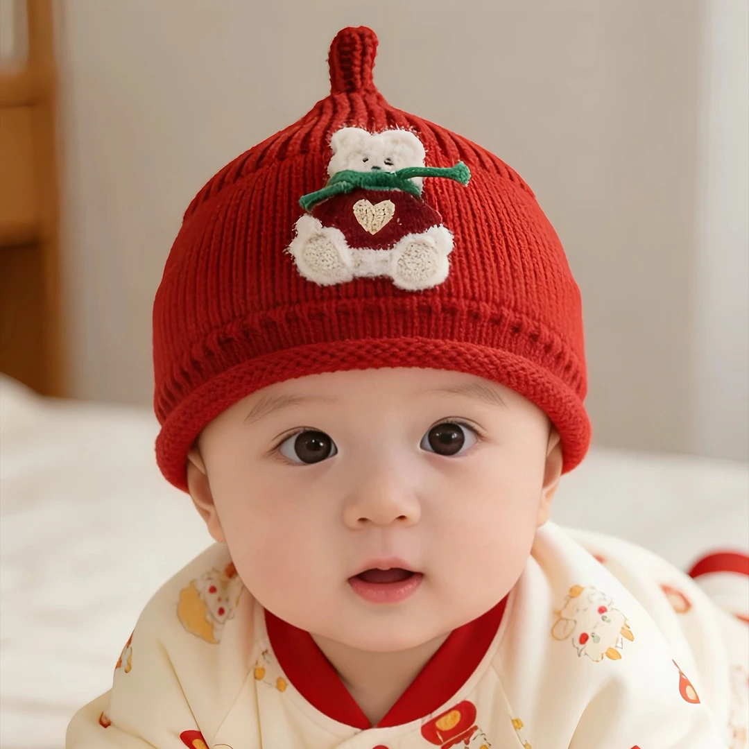 婴儿帽子秋冬季洋气红色奶嘴帽小月龄宝宝保暖套头圣诞针织帽冬