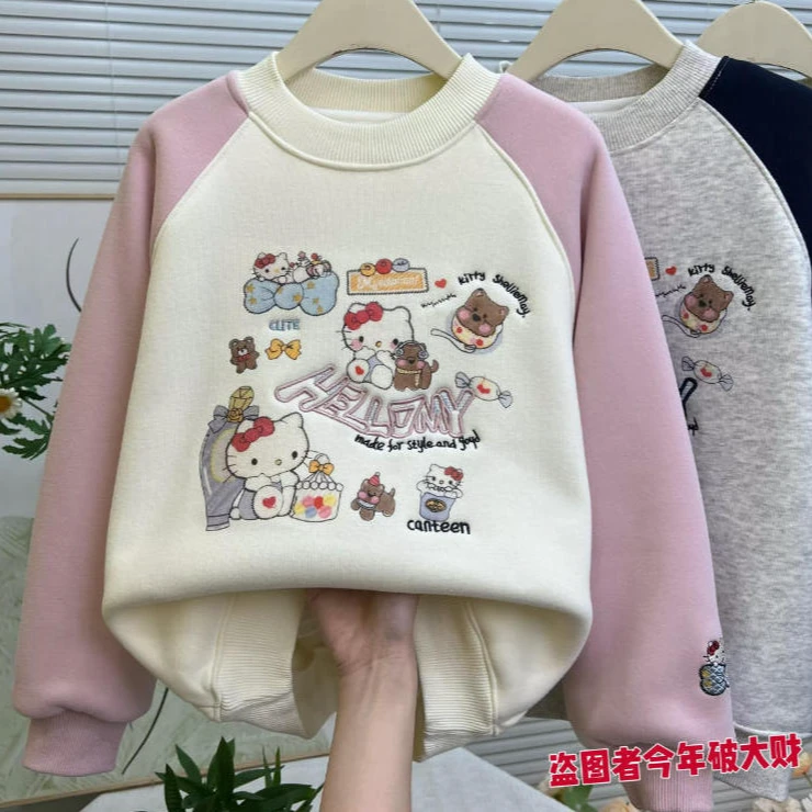 【好看又厚实】女童拼色插肩袖卡通羊羔绒加厚卫衣11652