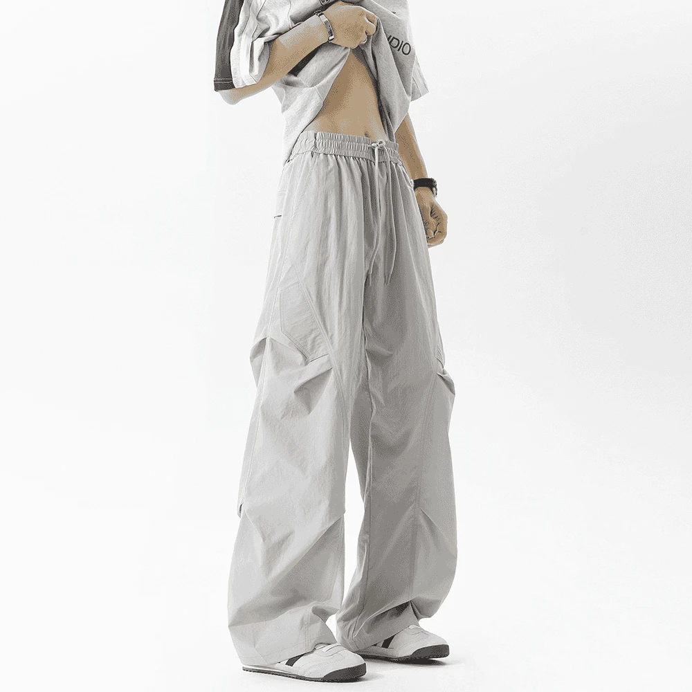 春夏速干裤子百搭裤子潮流松紧腰休闲裤捏褶运动透气阔腿裤