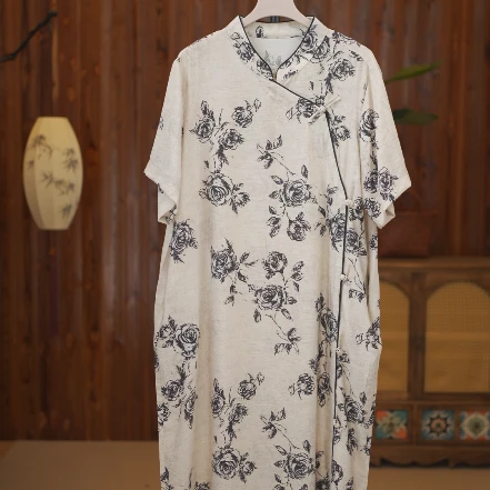 山木间亚麻提花盘扣玫瑰刺绣裙袍XHHB0203