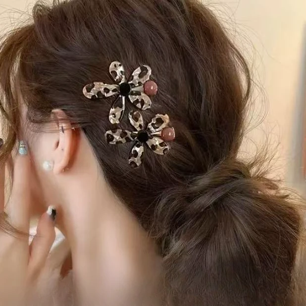 韩系甜酷豹纹太阳花发夹碎发刘海夹2025早秋新款高端侧边夹发卡