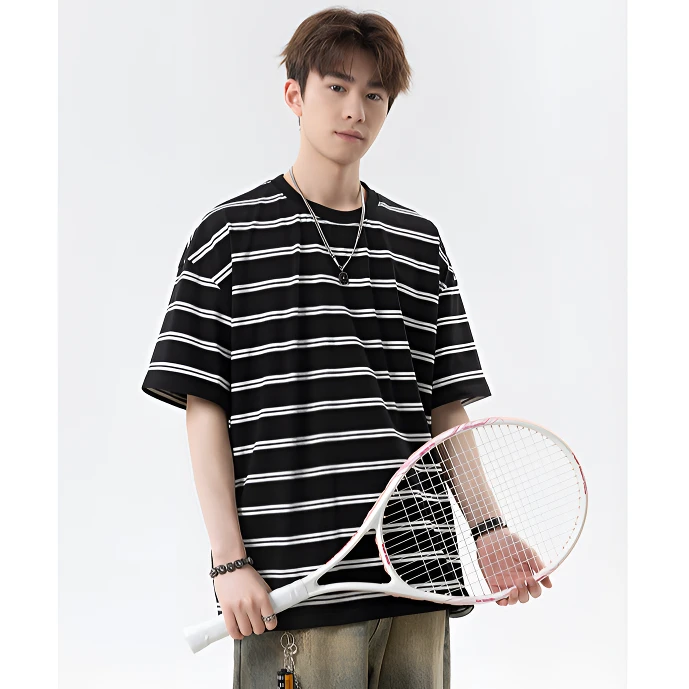条纹夏季短袖t恤微弹透气男士T恤日系休闲欧美风公主风情侣款T恤