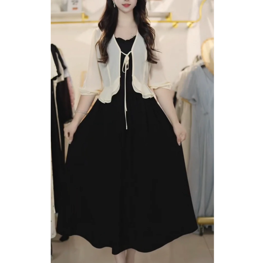 2025秋季新款女法式披肩+中长款连衣裙两件套Y658131