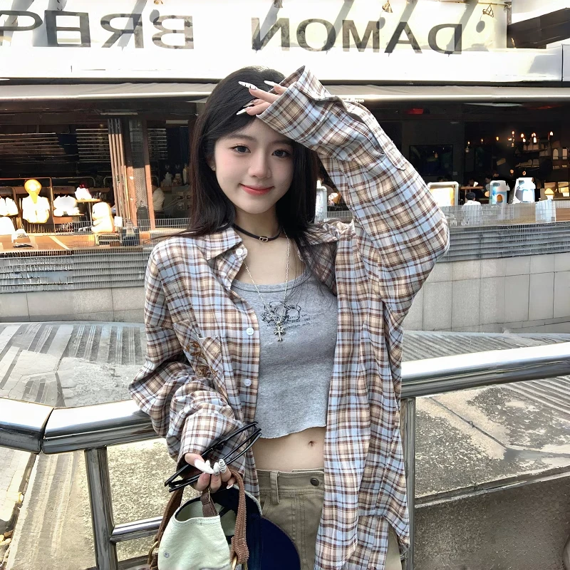 格子防晒衬衫外套女2025春夏新款慵懒风美式复古宽松长袖薄款衬衣