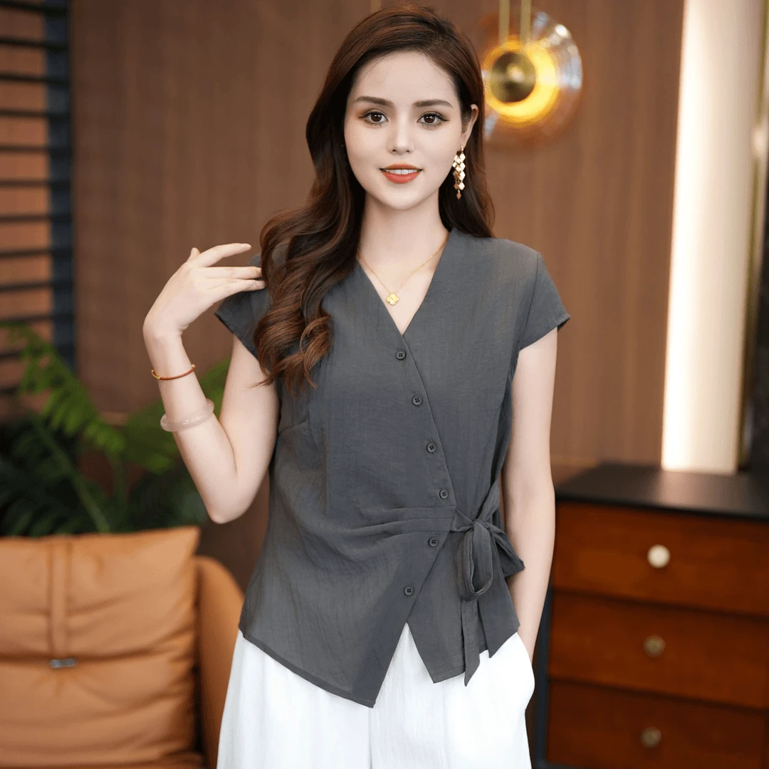 夏季不规则绑带短袖衬衫女2025新款小个子穿搭宽松V领小衫气质潮