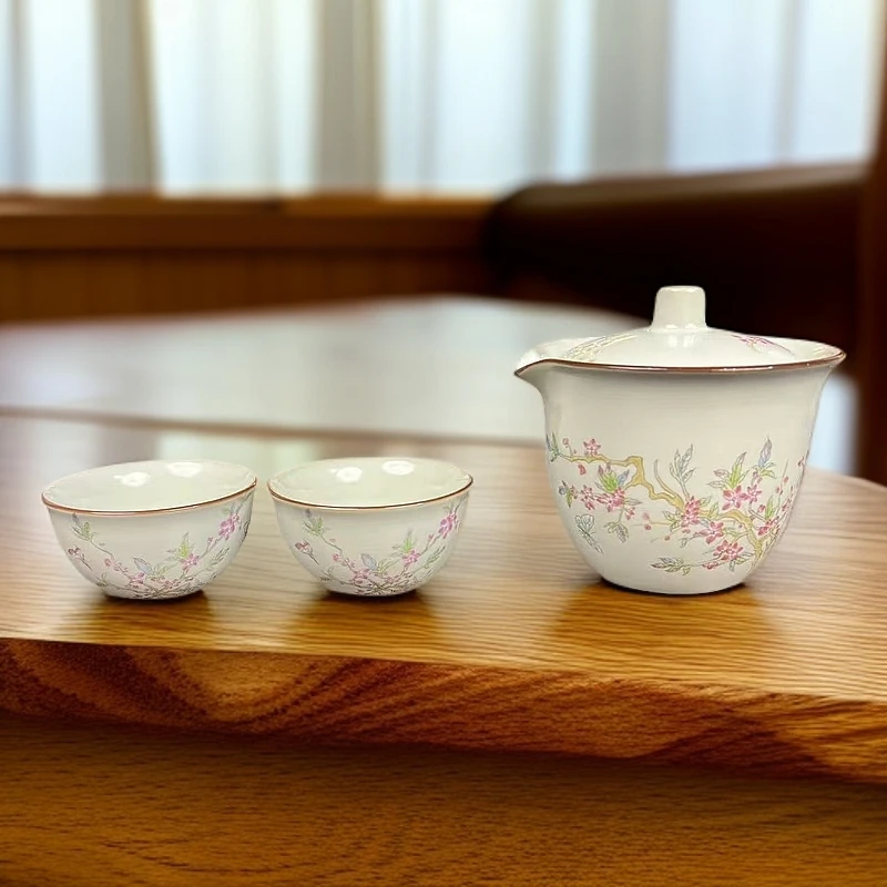 紫藤花汝窑一壶两杯带包户外便携式旅行茶具