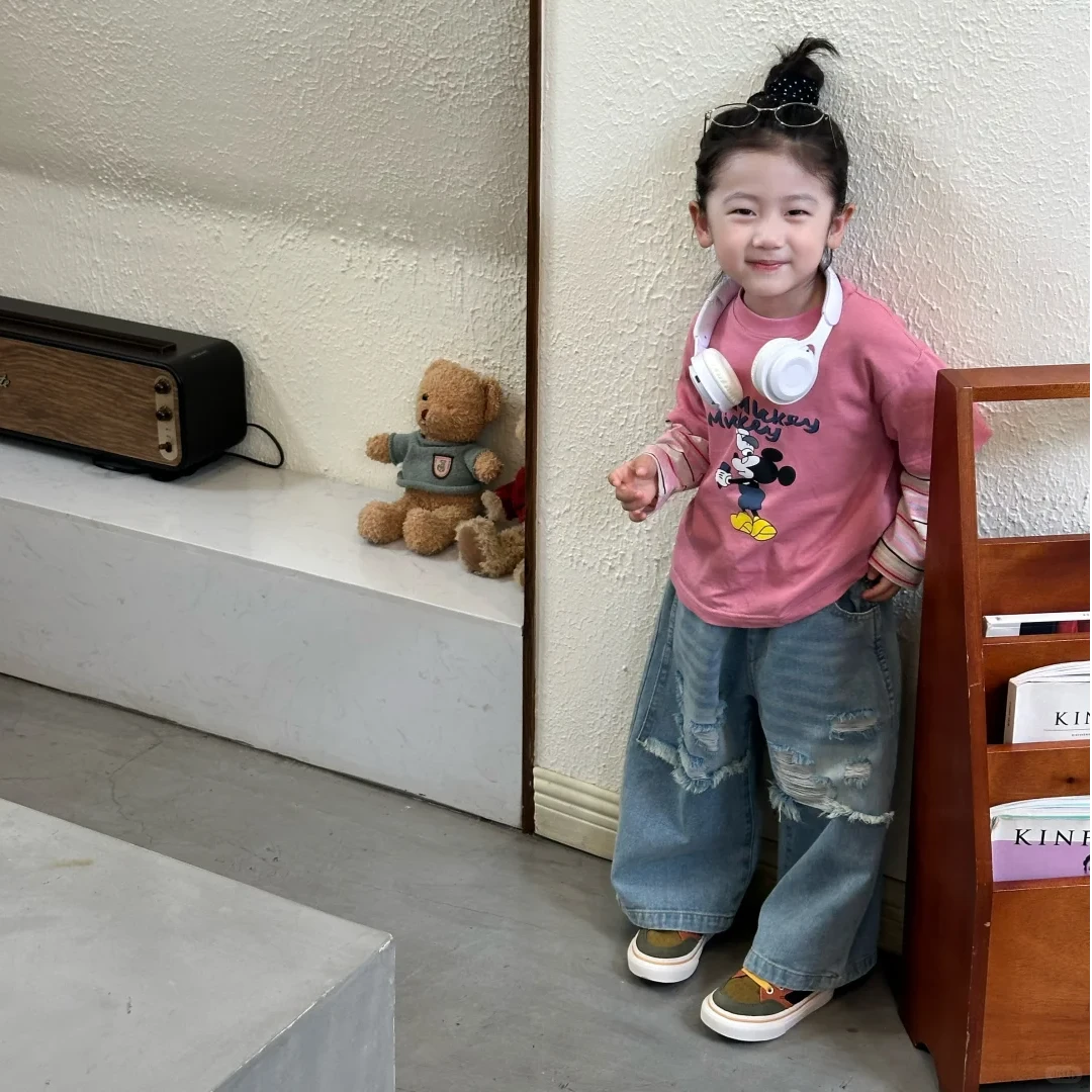 壹妈韩版童装女童秋季套装洋气儿童粉色假两件t恤上衣破洞牛仔裤