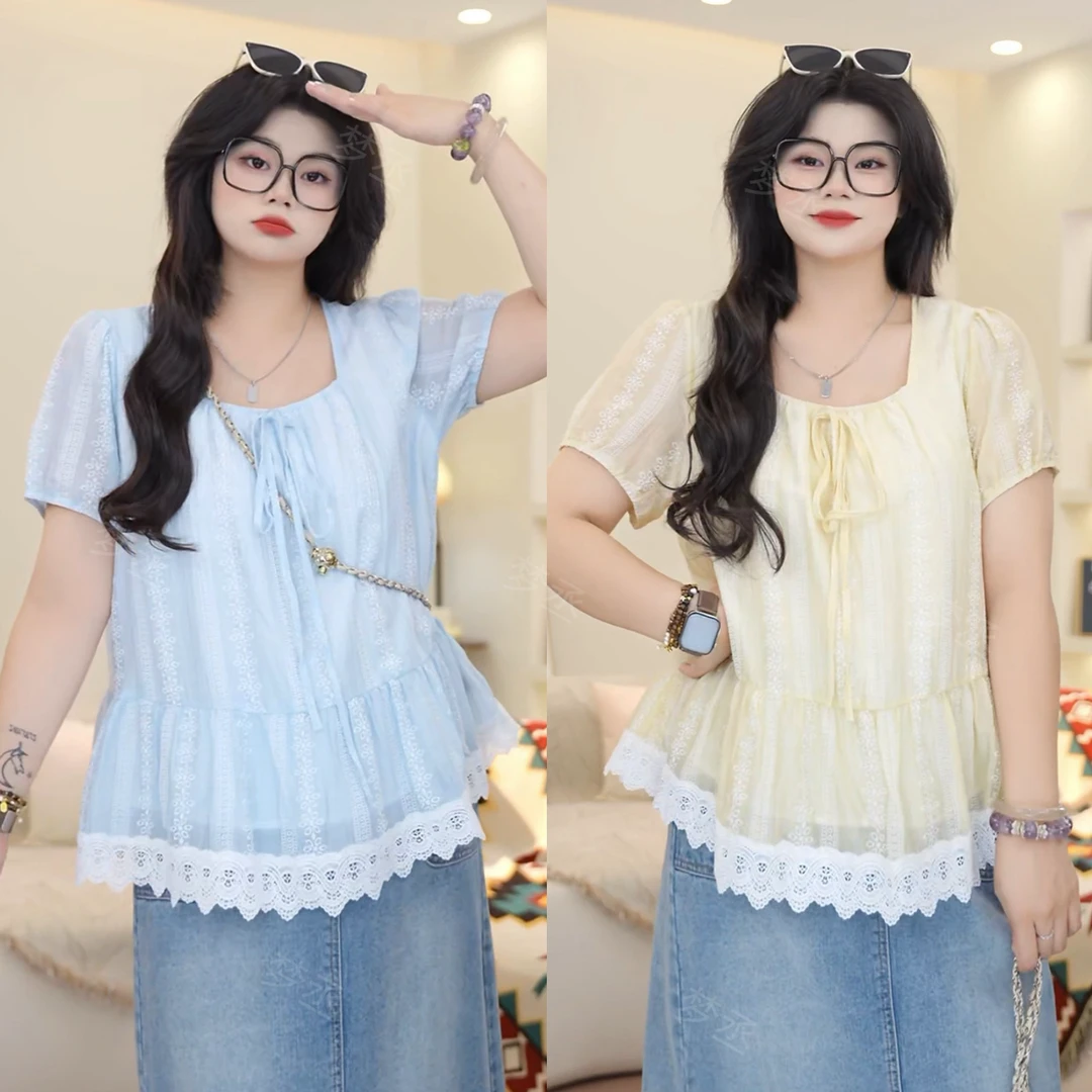 梦丞【视觉沦陷】大码女装设计感夏季绑带拼接蕾丝花边洋气短袖T恤