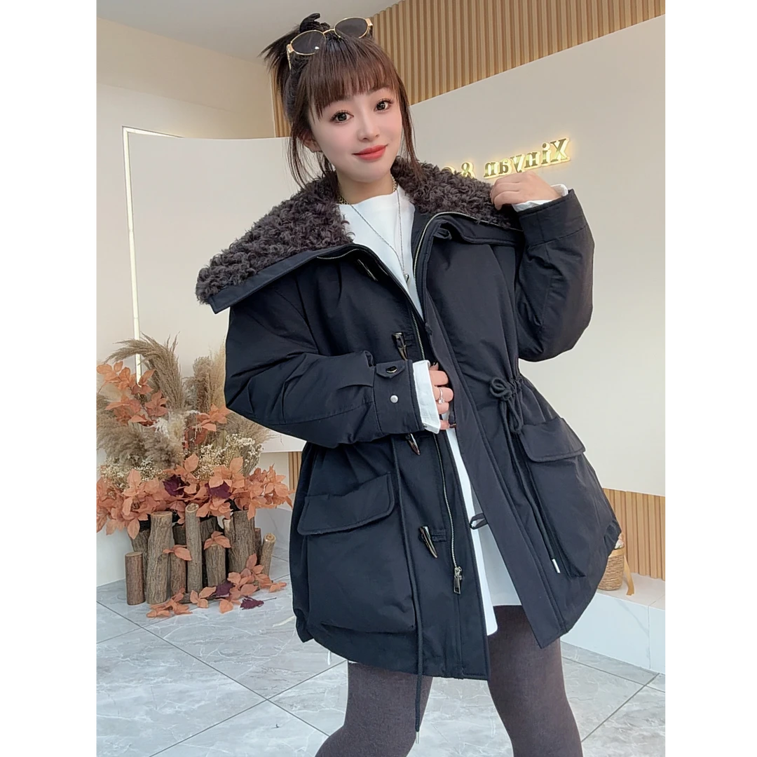 【鑫焱甄选】2025冬季欧货中长款收腰宽松加绒加厚款棉服