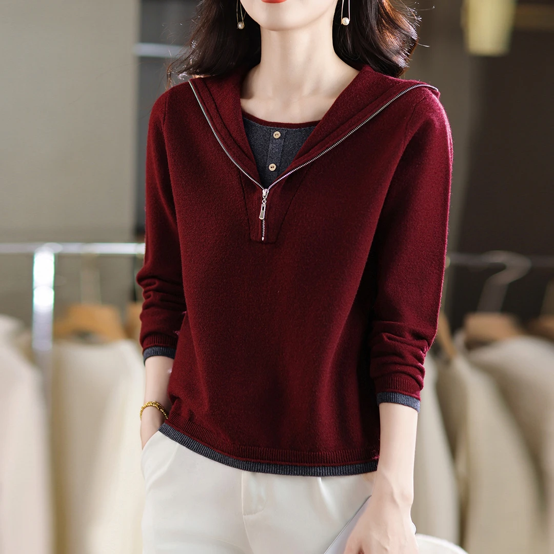 品牌女装羊毛衫冬季新款拼色连帽拉链假两件女士针织毛衫洋气毛衣