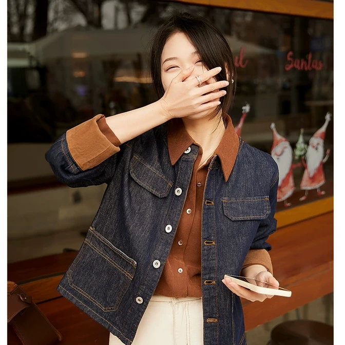 [WTD666038AG]笑涵阁 VTG复古 设计感拼接元素率性牛仔外套短款