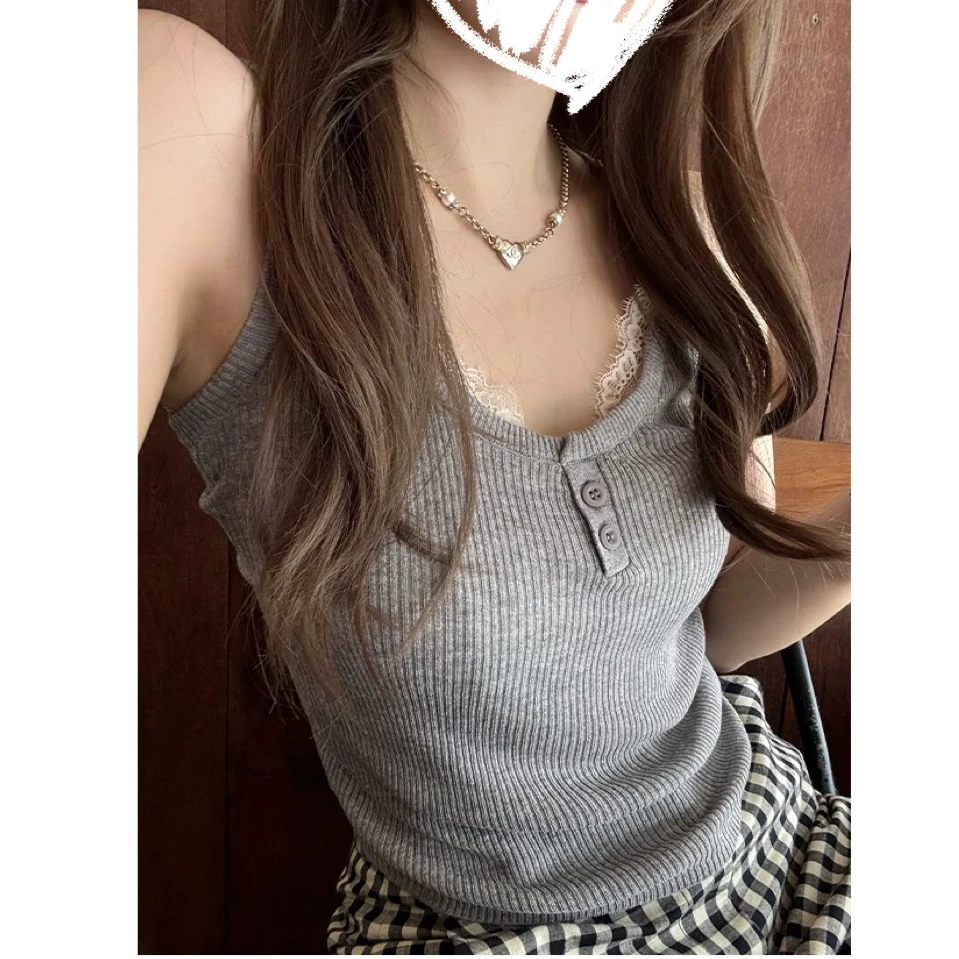 FCYSTUIDOHZJ大师版型三色假两件蕾丝背心拼接无胸垫修身上衣女夏