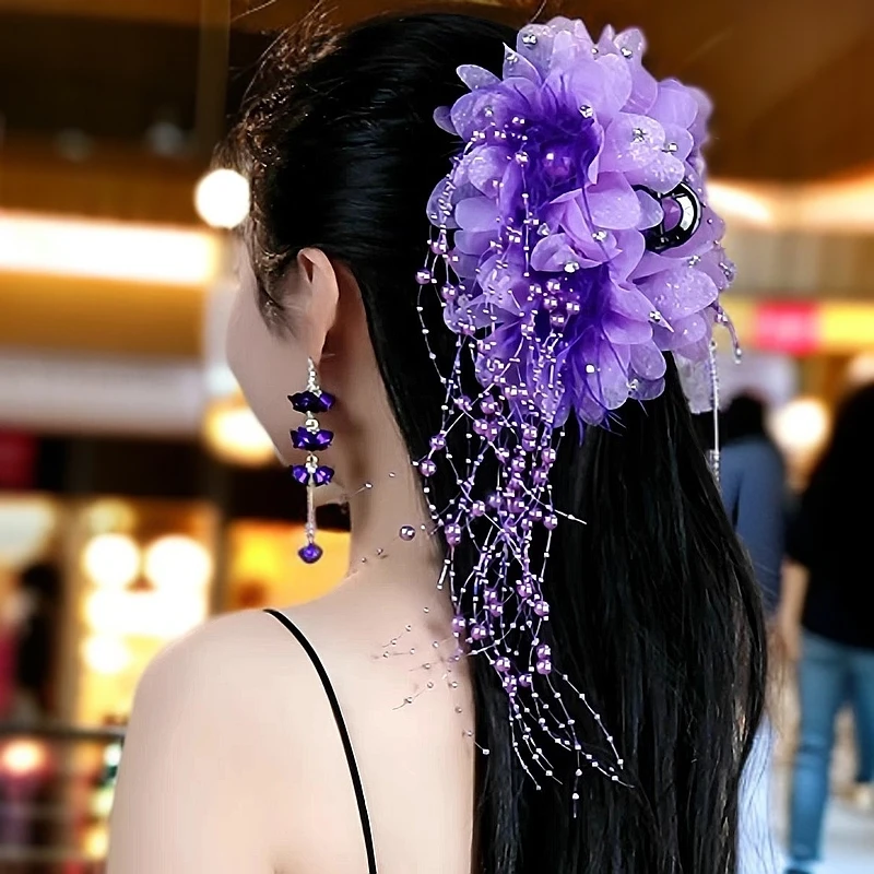 紫色新款时尚复古百搭轻奢鲨鱼夹流苏