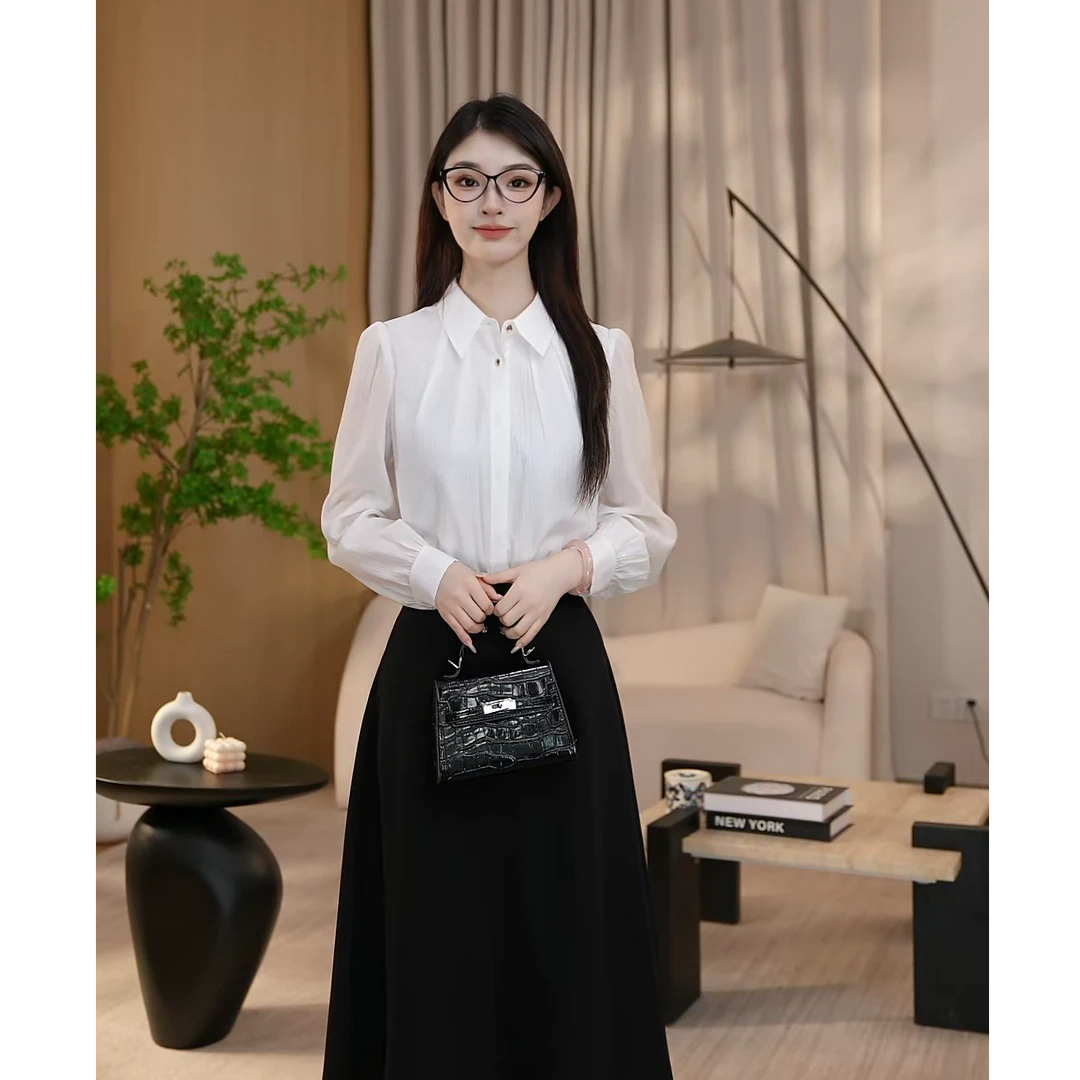 【曼贝】白色长袖衬衫女2025新秋季百搭气质上衣8593156A【珮珮】