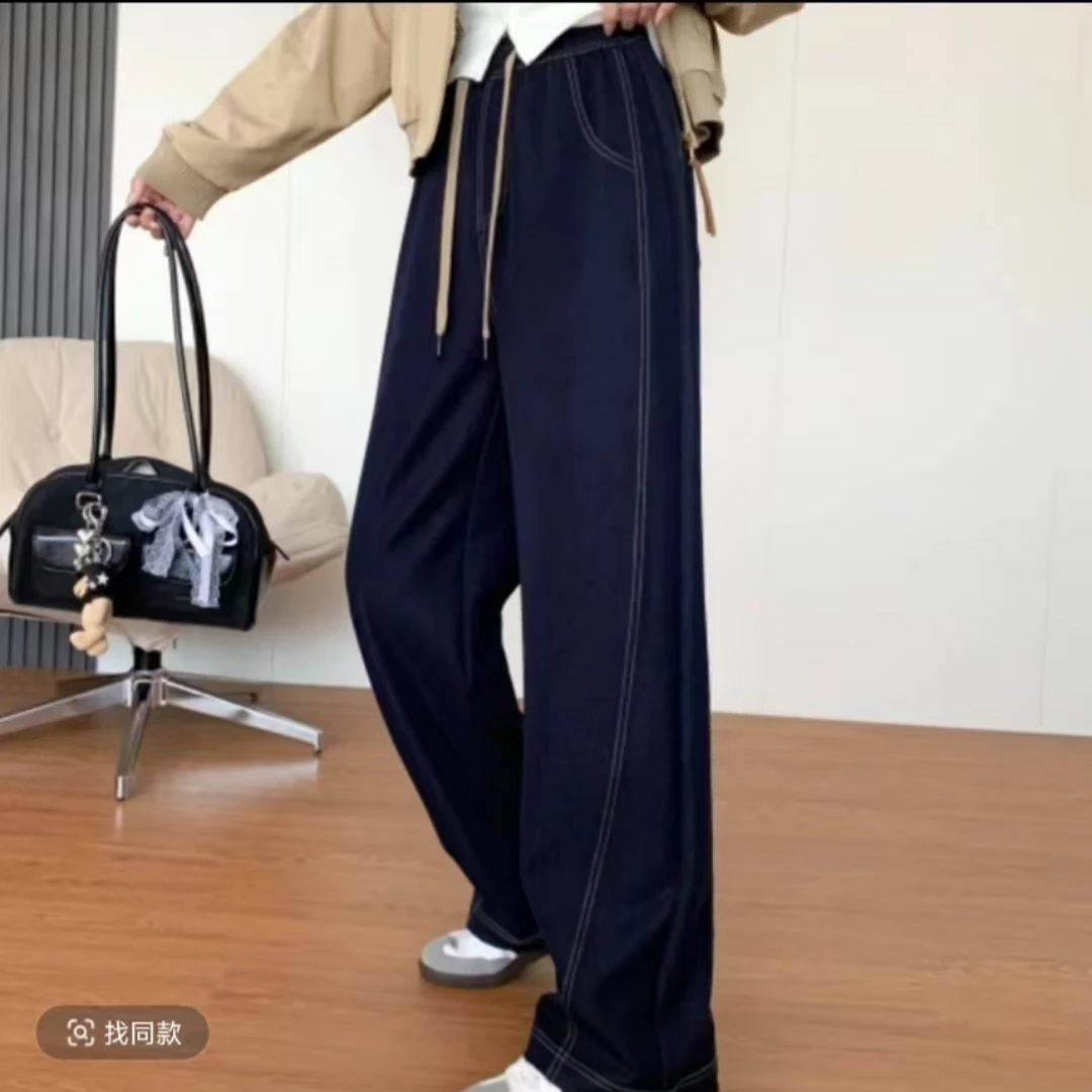 深蓝弯刀阔腿牛仔裤女春季新款高腰显瘦设计感百搭拖地裤子