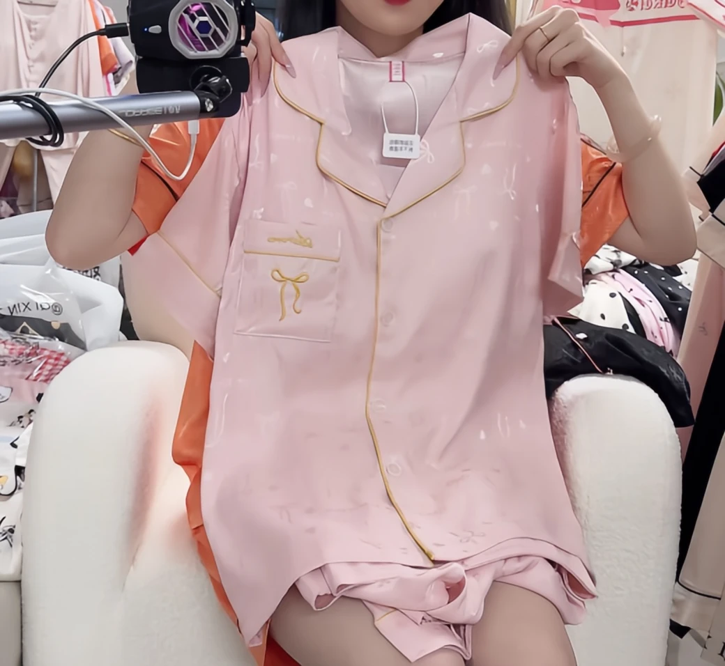 衬衫领粉蝴蝶女短袖夏季睡衣家居服套装冰丝夏天短裤薄款