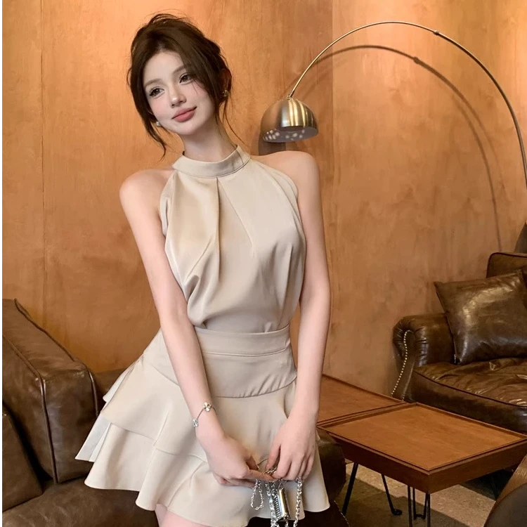 （新款香槟色）无袖上衣高腰短裙套装裙子财阀千金女装显瘦气质夏季