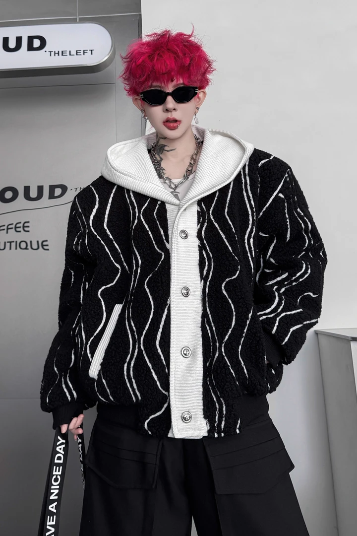 2025冬装暗黑小众撞色条纹毛毛外套男设计感加厚保暖连帽棉衣棉服