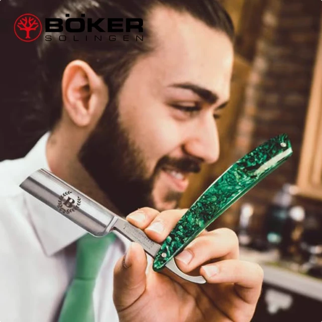 博克BOKER德产高档复古Barber理发蓝绿鲍鱼壳老式剃刀修面【活动】