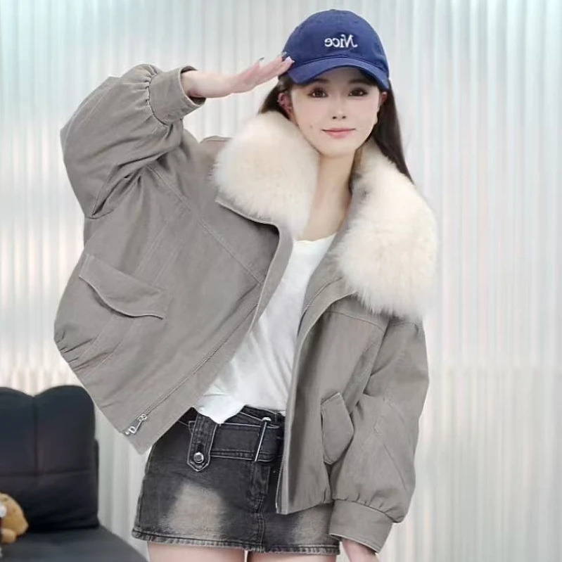女宽松新款长袖纯色短款外套潮流百搭狐狸毛鹅绒服外套