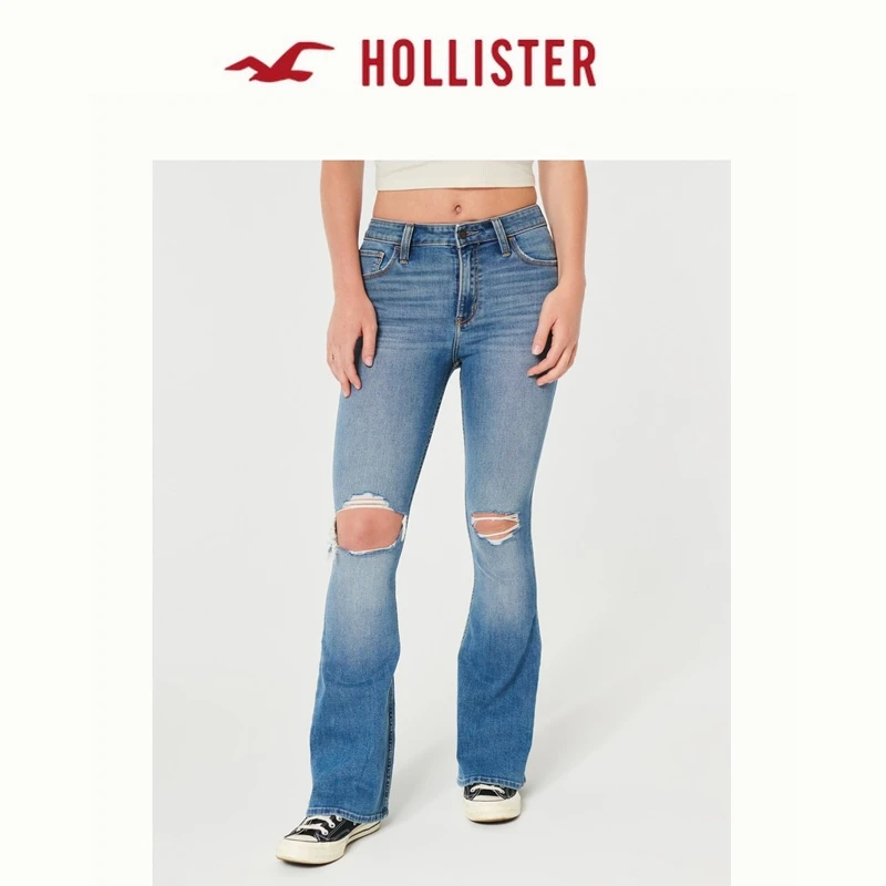 Hollister春秋美式辣妹破洞修身高腰喇叭牛仔裤女装KI355-2293
