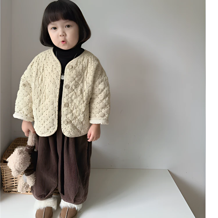 现货24h女童外套2025春秋韩版女童宝宝棉袄宽松点点外套宝宝棉服