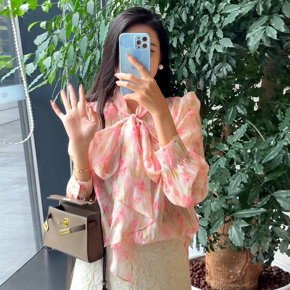 【多花色】2025春 红色印花飘带衬衫  薄款甜美风穿搭气质衬衫