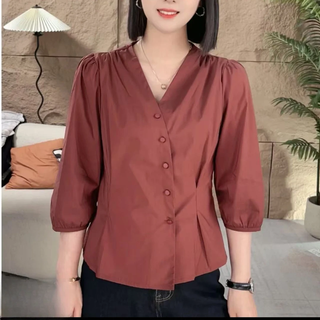 春夏开衫衬衫薄软高定扣子款收腰女人上衣气质时尚七分袖衬衫女