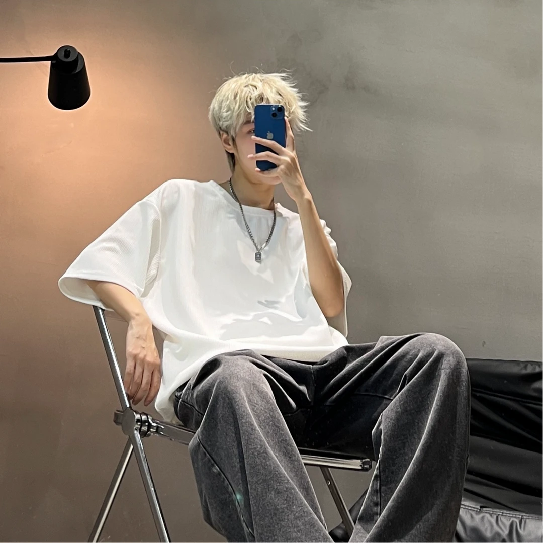 男士短袖T恤宽松垂感百搭夏季潮流休闲上衣纯色条纹宽松圆领夏装