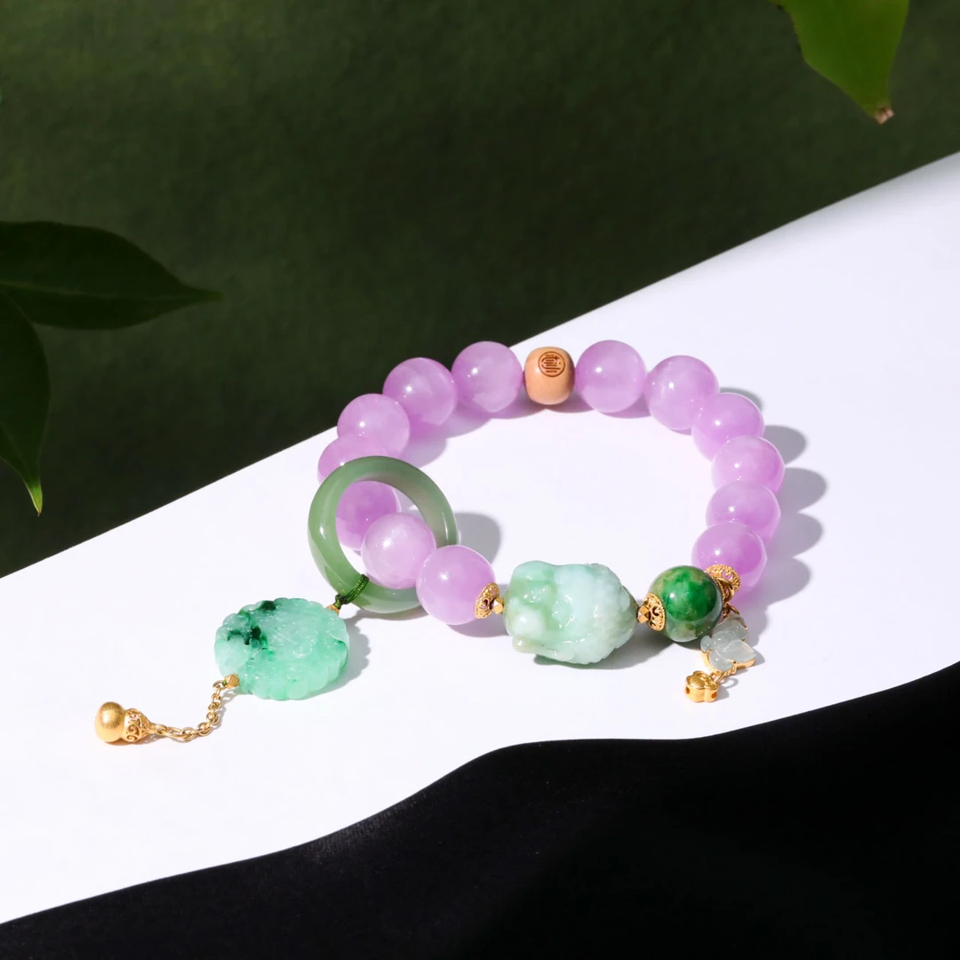 【意婵】18K金天然紫锂辉单圈手链翡翠和田玉-916197