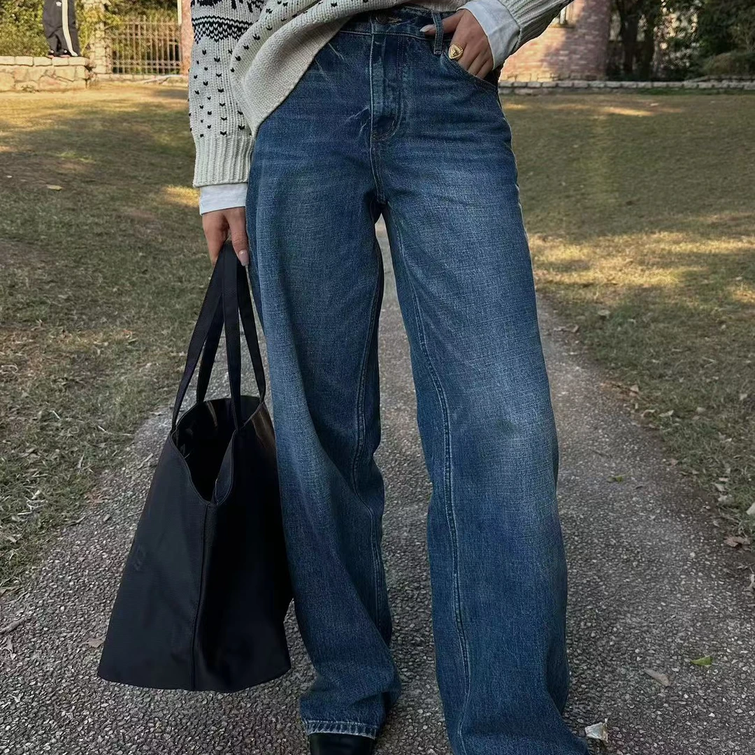 Yihouse2024秋冬新款宽松直筒拖地牛仔裤休闲高腰女装显瘦长裤