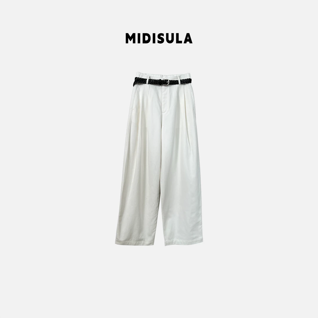 阿玉家&春季新款韩系高腰显瘦休闲宽松腰褶皱米白色直筒裤#0081