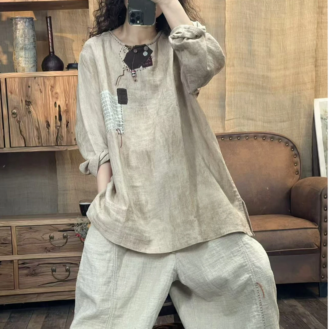 [四月阳光]春季亚麻炒色手工拼贴复古休闲女装上衣(长73胸围124)